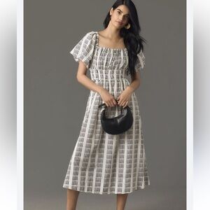 Maeve Puffed Sleeve Square Neck Smocked Midi Dress in XXS